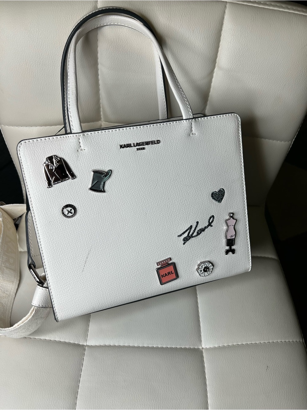 Karl Lagerfeld White Pebbled Satchel with Pin Charms
